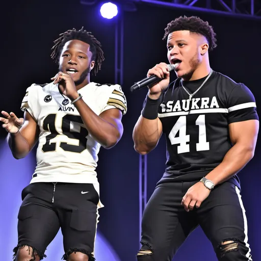 Prompt: Alvin Kamara and Saquon Barkley in a band on stage