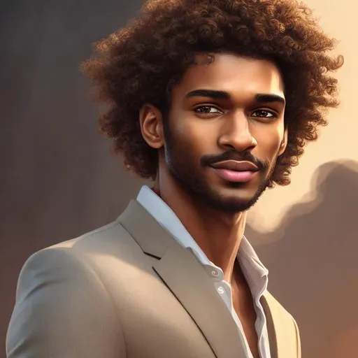 Prompt: High-quality digital portrait of a brown-skinned male avatar with stunning curly hair, rich and natural facial features, warm lighting accentuating skin tone, detailed curls with natural highlights, stylish and trendy illustrations , professional, realistic, warm and inviting. wearing professional clothing such as a suit for example