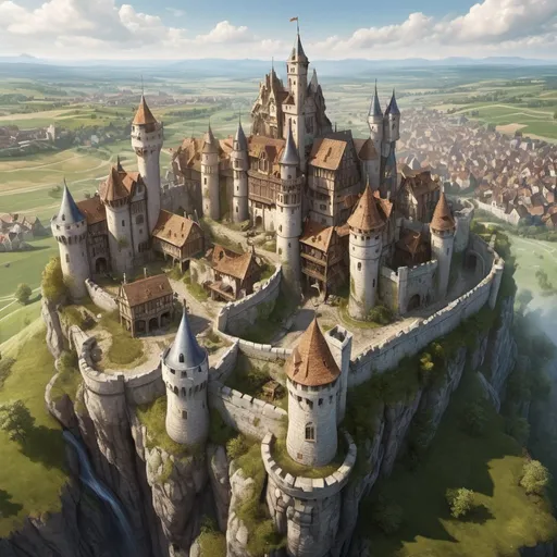 Prompt: Aerial view of a fantasy castle with surrounding town, rich fantasy architecture, the medieval town beyond, farmland outside, wood and stone materials, detailed and highres, fantasy, medieval, aerial view, rich architecture, run-down town beyond main walls, farmland, wood and stone