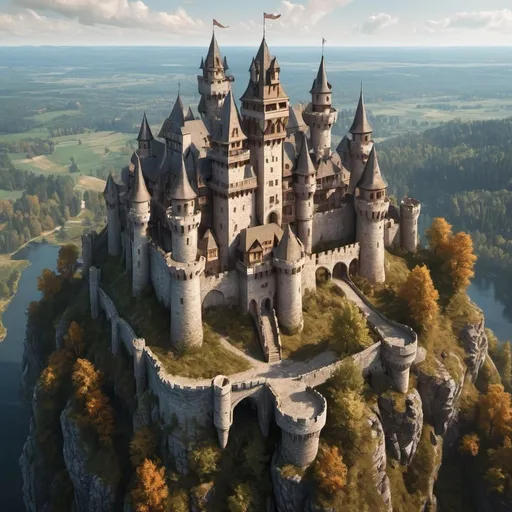Prompt: castle, fantasy castle, medieval castle, aerial view castle, castle, wood and stone castle