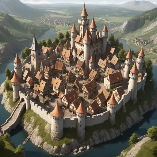 Prompt: castle town, fantasy town, medieval town, aerial view town, town, wood and stone castle town