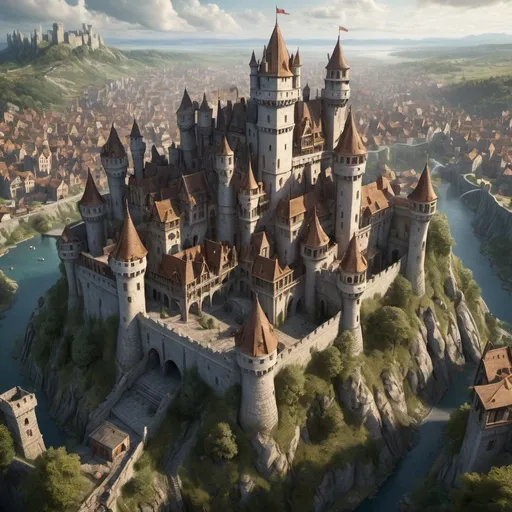 Prompt: Aerial view of a fantasy castle, rich fantasy architecture, highres, detailed materials, medieval, fantasy, aerial view, run-down town beyond main walls, wood and stone, city capital inside walls, smaller run down town outside walls, detailed and highres, detailed materials, detailed stone and wood architecture, detailed fantasy cityscape, aerial perspective, atmospheric lighting, majestic atmosphere