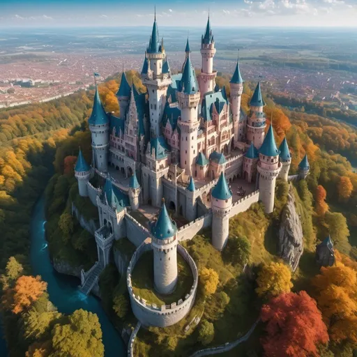 Prompt: Aerial view of a majestic fantasy castle, detailed architecture, epic scale, high quality, fantasy, vibrant colors, magical atmosphere, panoramic view, mystical, intricate details, grandiose, fantasy castle, fantasy architecture, aerial view, vibrant colors, epic scale, magical atmosphere, detailed architecture, high quality