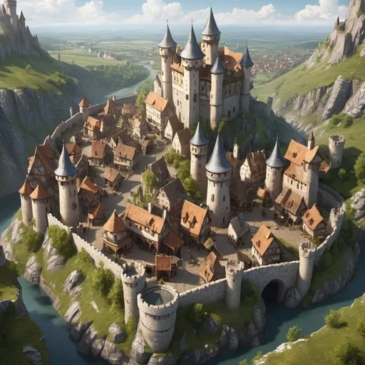Prompt: castle town, fantasy town, medieval town, aerial view town, town, wood and stone castle town