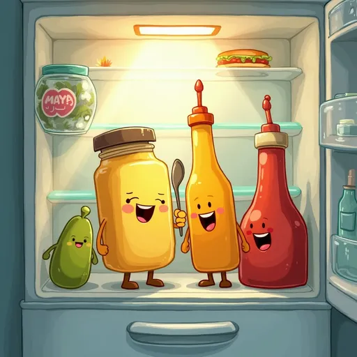 Prompt: Once upon a refrigerator far away, there lived Josea Mayonnaise. His momma's mustard, his daddy ketchup, his brother a pickle, and his little sister's sweet pickle relish. They all lived on a cozy little shelf. 