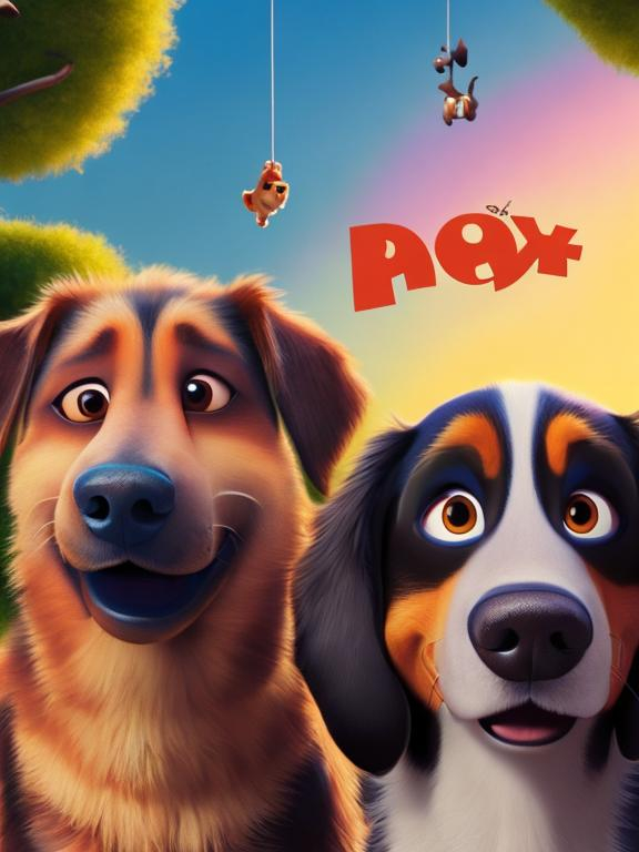 Prompt: Pixar animated dog movie poster with 2 dogs that are happy