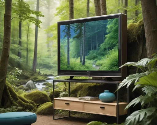 Prompt: A (((very beautiful and natural landscape))) with vibrant (((colors of lush green, blue, and soft yellow-tinged tv images) that blend seamlessly into a (serene, untamed wilderness backdrop). The scene is framed by the view of a (modern slim tv with intricate details), which stands out in sharp contrast against the (natural foliage) that surrounds it. The tv is set at a (medium level of brightness), with its image quality and color depth matching the surroundings, creating a soft immersive atmosphere that complements the overall aesthetic