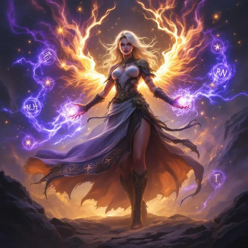 Prompt: A female warrior standing amid magical runes, empowered by elemental energy, soft glow around hands, full-body concept art, fantasy style.
