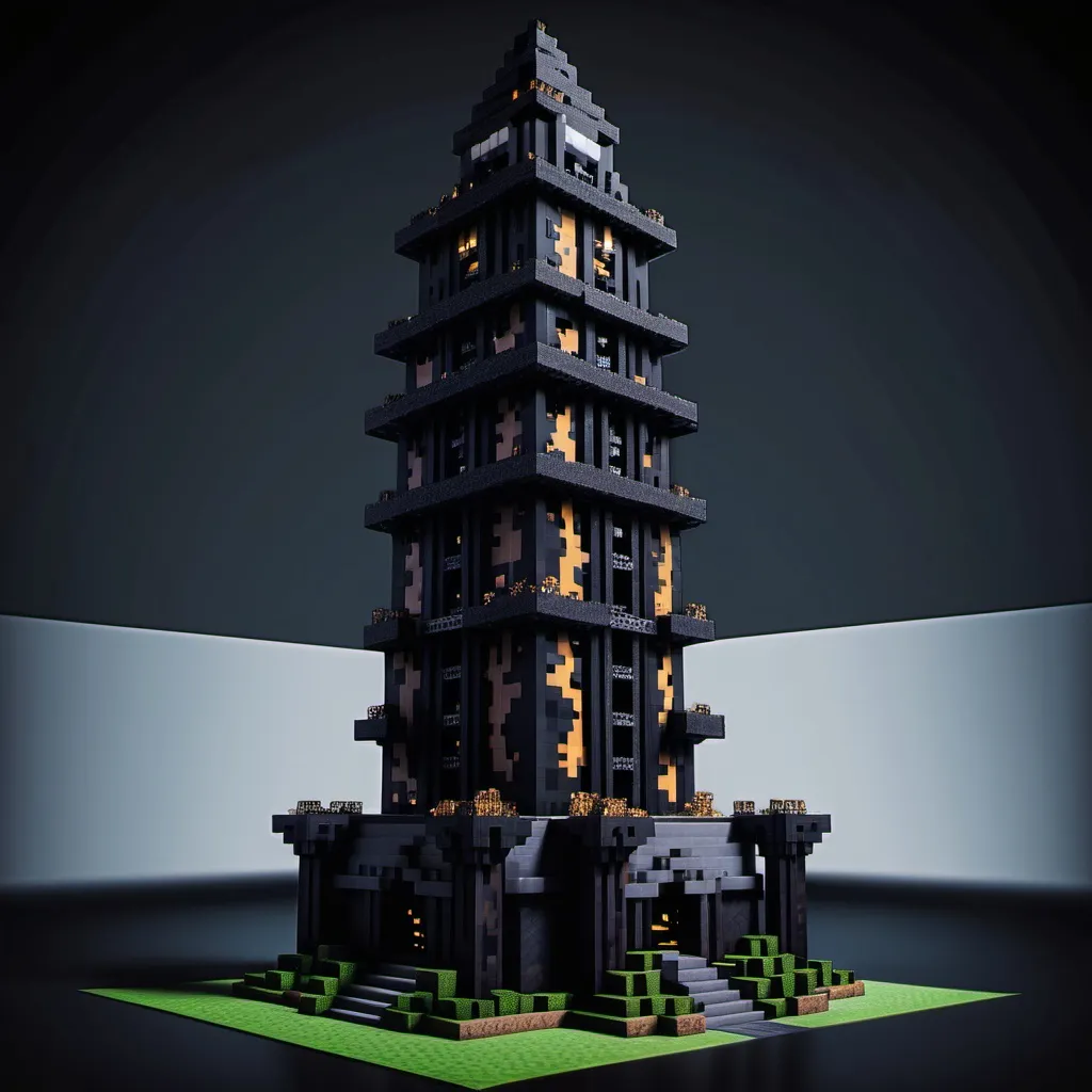 Prompt: Minecraft Darkness themed epic tower built from in-game blocks from the side