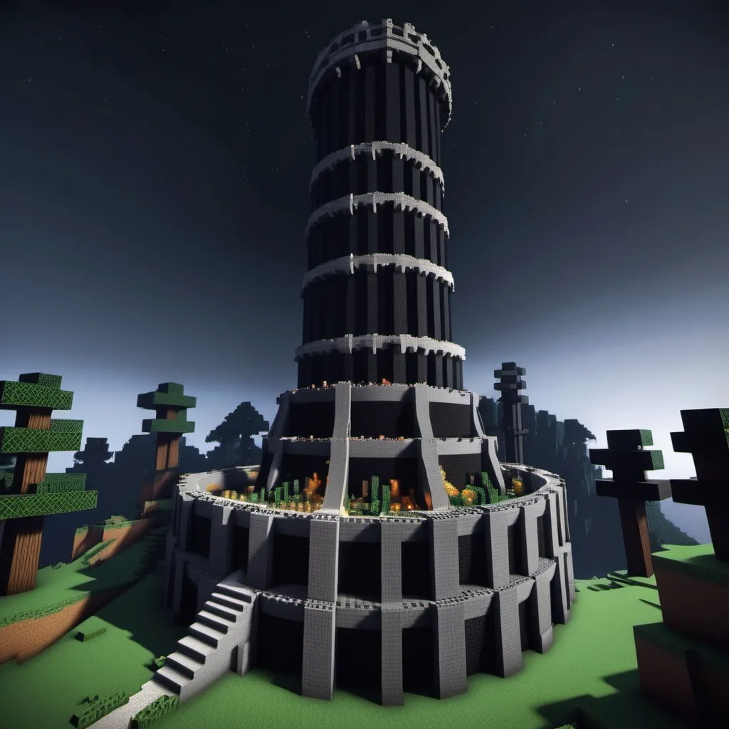 Prompt: Minecraft huge round tower on the theme of darkness built from blocks that are in the game