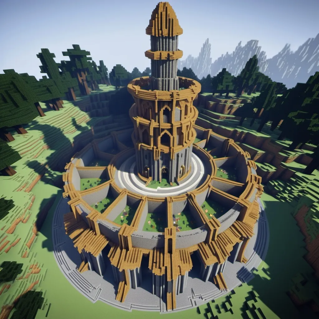 Prompt: Minecraft Lord of the Rings Minecraft Lord of the Rings themed epic tower built from in-game blocks with a 31x31 block floor plan radius from the side