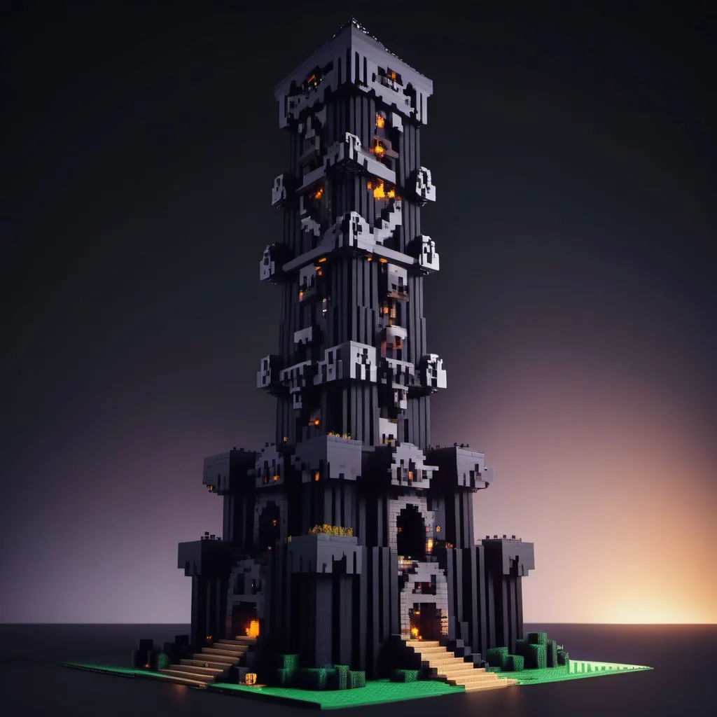 Prompt: Minecraft Darkness themed epic tower built from in-game blocks from the side