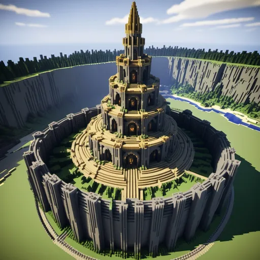 Prompt: Minecraft Lord of the Rings Minecraft Lord of the Rings themed epic tower built from in-game blocks with a 31x31 block floor plan radius from the side