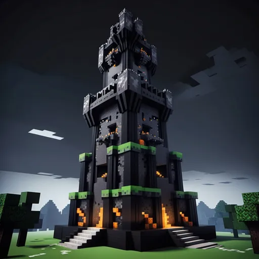 Prompt: Minecraft Darkness themed epic tower built from in-game blocks from the side