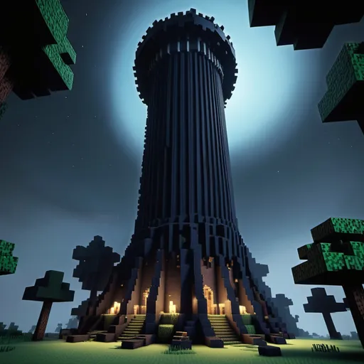 Prompt: Minecraft huge round tower on the theme of darkness built from blocks that are in the game