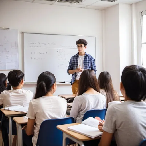 Prompt: Create an IELTS class with young adults paying attention to the teacher
