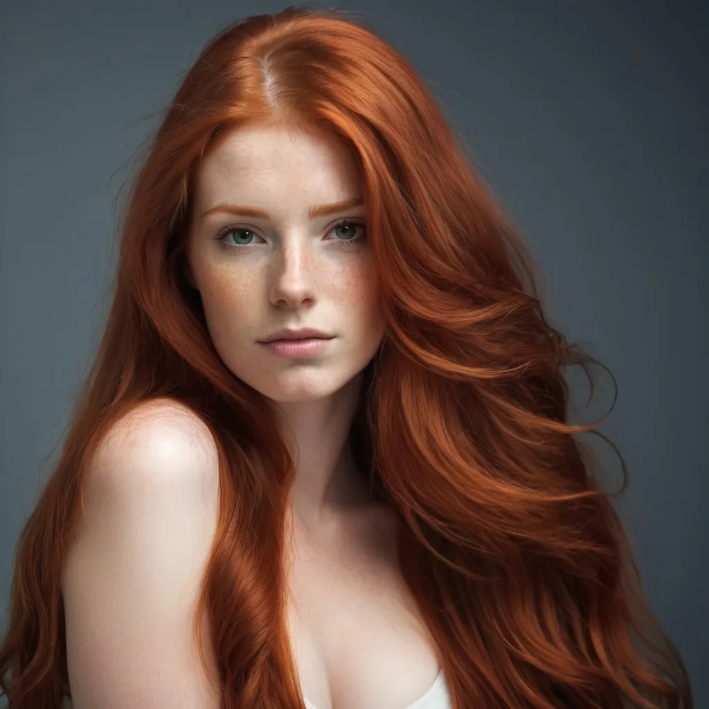 Prompt: A redhead woman with thick and long hair.
