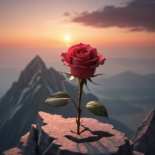 Prompt: Create a rose standing on a summit in the sunset and in the background the end of the world is visible 