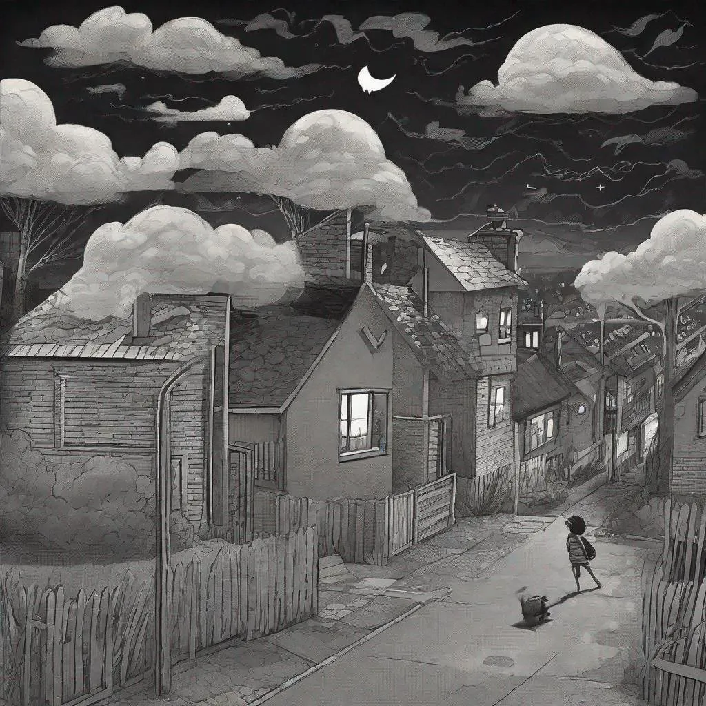 Prompt: ((comic book pages of chalkboard illustrations))
LAUREN & The Wind Monsters
children's book illustrations

a dark, cloudy windy night
suburban neighbourhood