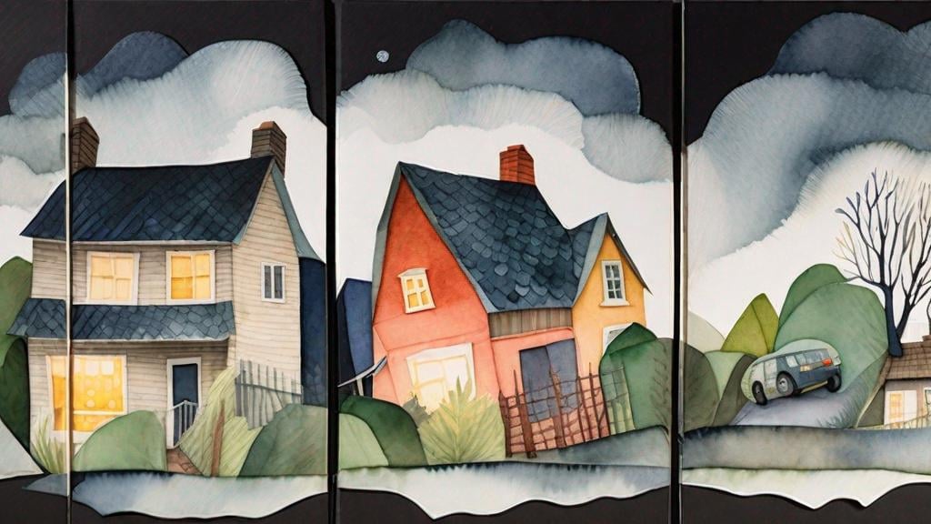 Prompt: LAUREN & The Wind Monsters
watercolor and papercraft
children's book illustrations
horizontal tryptych panels
a dark, cloudy windy night
suburban neighbourhood