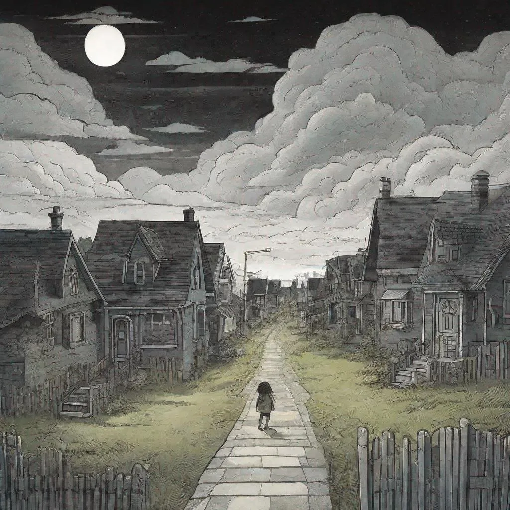 Prompt: ((comic book pages of chalkboard illustrations))
LAUREN & The Wind Monsters
children's book illustrations

a dark, cloudy windy night
suburban neighbourhood