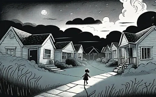 Prompt: ((comic book pages of chalkboard illustrations))
LAUREN & The Wind Monsters
children's book illustrations

a dark, cloudy windy night
suburban neighbourhood