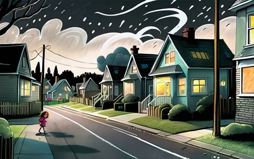 Prompt: ((multi-panel comic book pages of chalkboard illustrations)) LAUREN & The Wind Monsters children's book illustrations a dark, cloudy windy night suburban neighbourhood