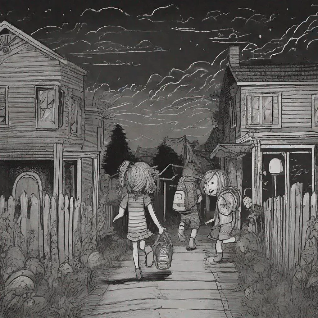 Prompt: ((comic book pages of chalkboard illustrations))
LAUREN & The Wind Monsters
children's book illustrations

a dark, cloudy windy night
suburban neighbourhood