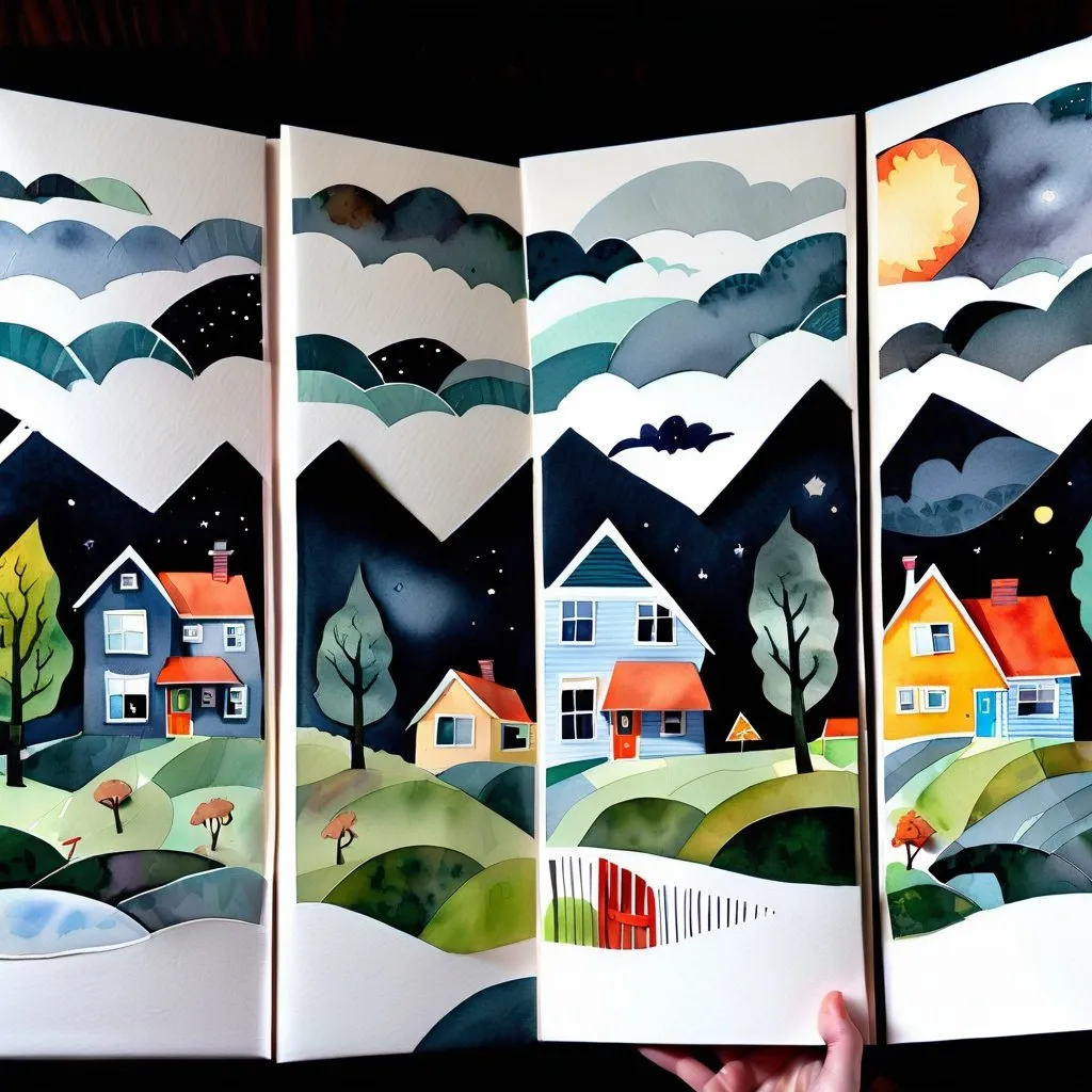 Prompt: LAUREN & The Wind Monsters
watercolor and papercraft
children's book illustrations
horizontal tryptych panels
a dark, cloudy windy night
suburban neighbourhood