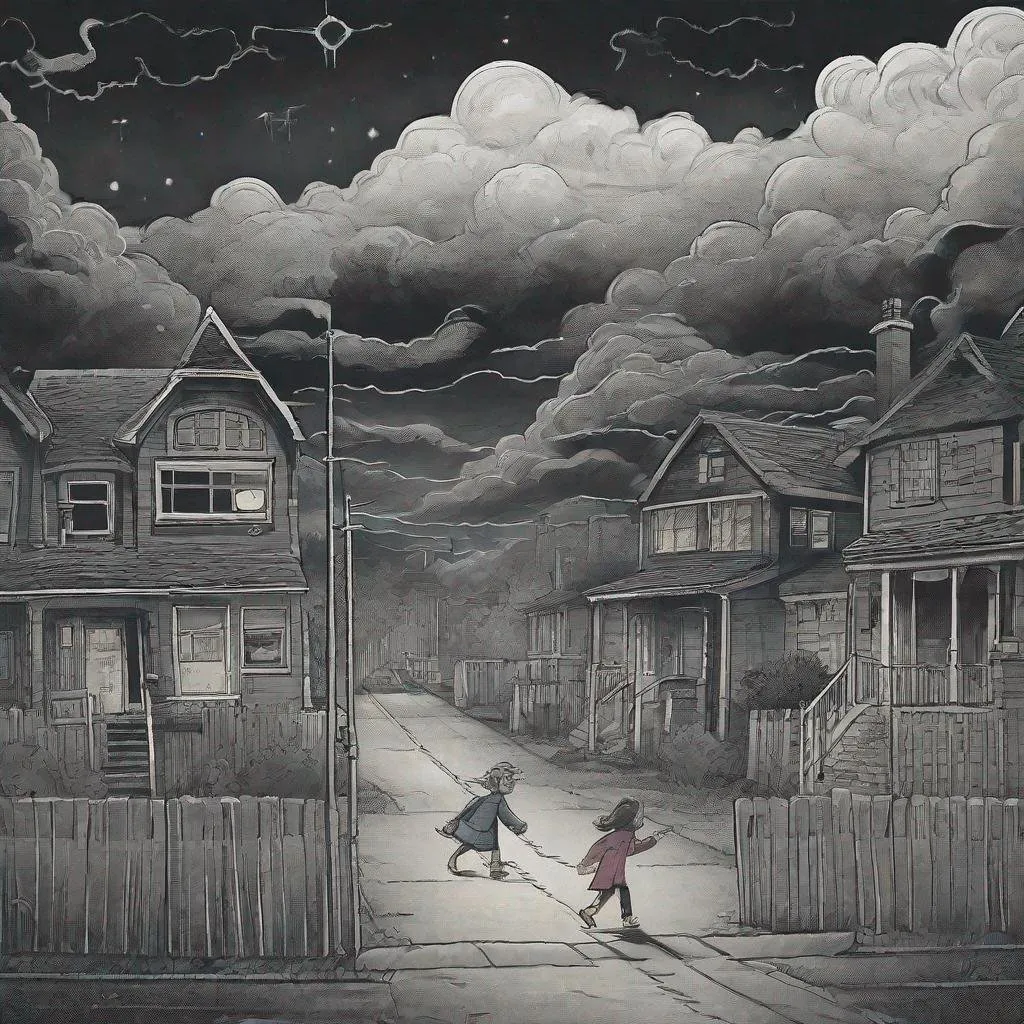 Prompt: ((comic book pages of chalkboard illustrations))
LAUREN & The Wind Monsters
children's book illustrations

a dark, cloudy windy night
suburban neighbourhood