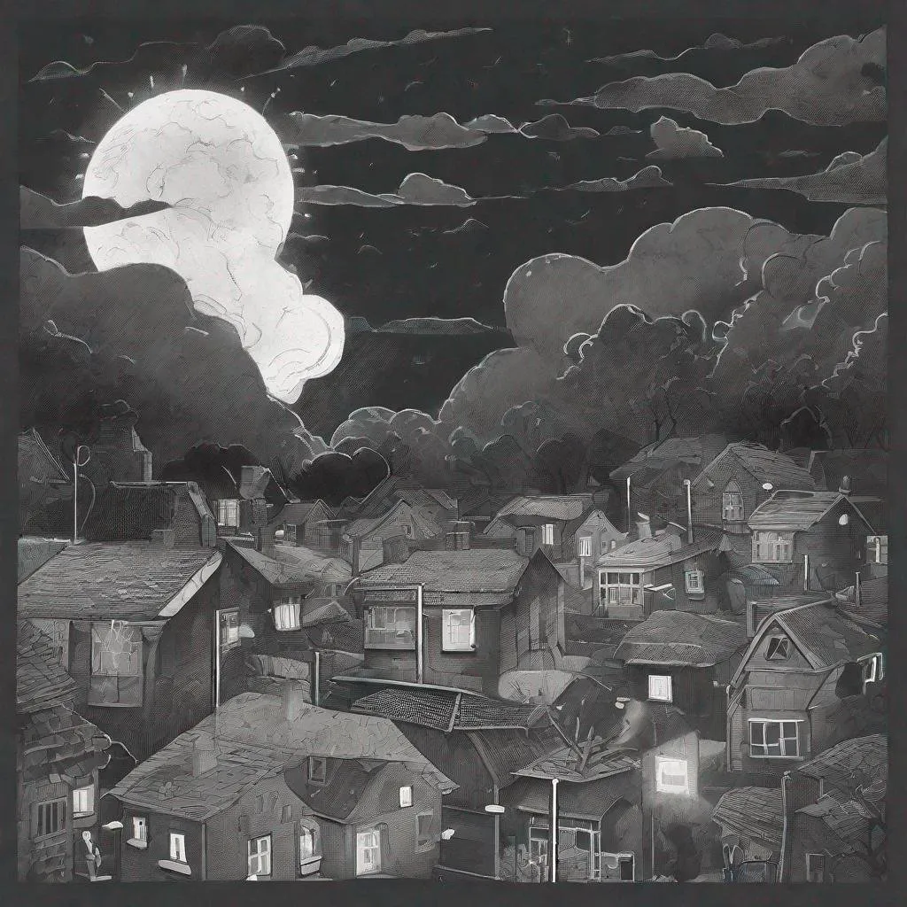 Prompt: ((comic book pages of chalkboard illustrations))
LAUREN & The Wind Monsters
children's book illustrations

a dark, cloudy windy night
suburban neighbourhood