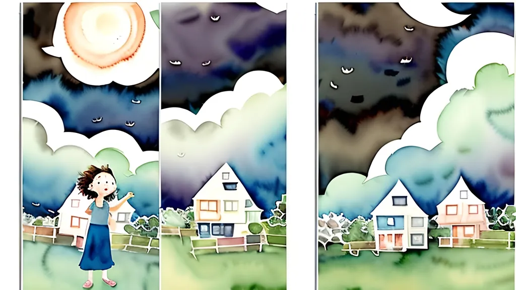 Prompt: LAUREN & The Wind Monsters
watercolor and papercraft
children's book illustrations
horizontal tryptych panels
a dark, cloudy windy night
suburban neighbourhood