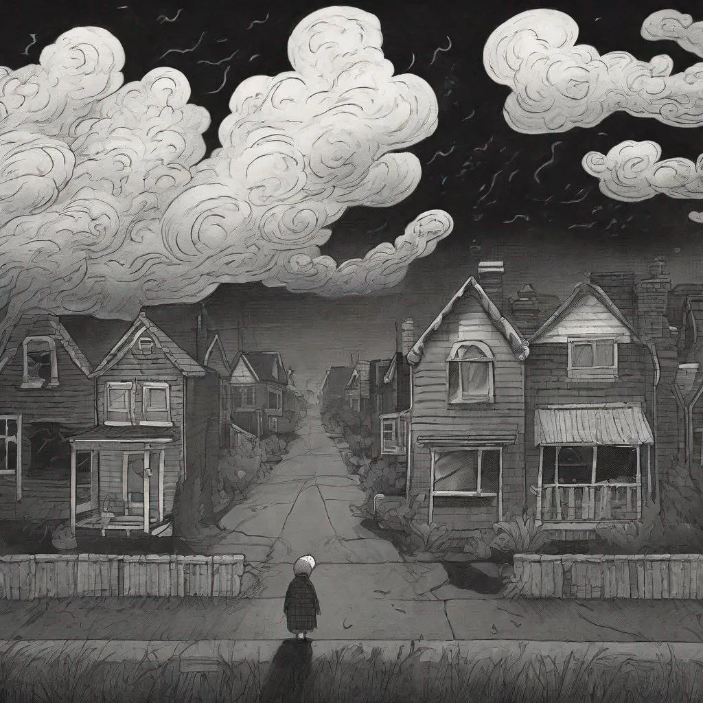 Prompt: ((comic book pages of chalkboard illustrations))
LAUREN & The Wind Monsters
children's book illustrations

a dark, cloudy windy night
suburban neighbourhood