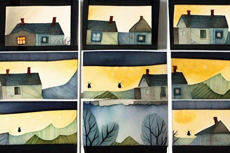 Prompt: LAUREN & The Wind Monsters
watercolor and papercraft
children's book illustrations
horizontal tryptych panels
a dark, cloudy windy night
suburban neighbourhood