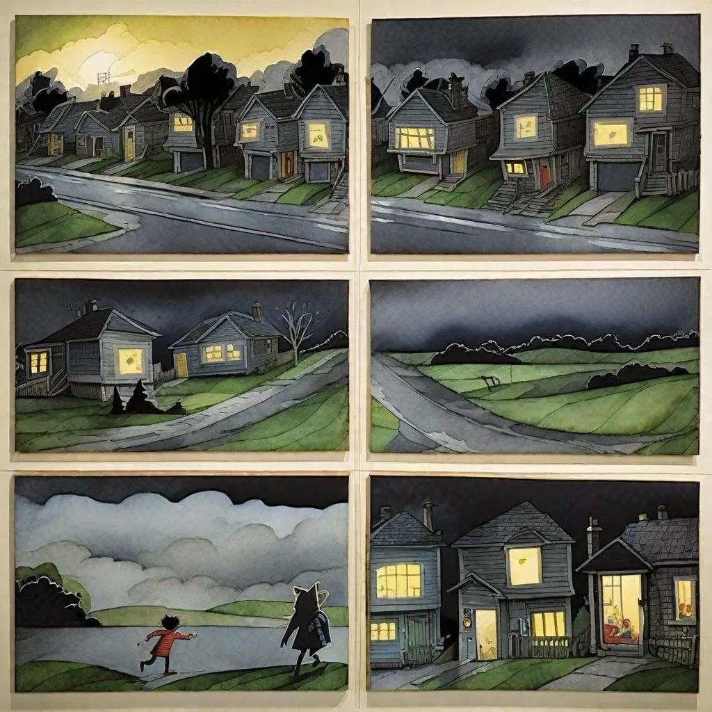 Prompt: ((comic book pages of chalkboard illustrations))
LAUREN & The Wind Monsters
watercolor and papercraft
children's book illustrations
horizontal tryptych panels
a dark, cloudy windy night
suburban neighbourhood