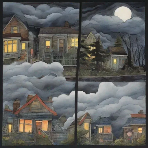 Prompt: ((comic book pages of chalkboard illustrations))
LAUREN & The Wind Monsters
watercolor and papercraft
children's book illustrations
horizontal tryptych panels
a dark, cloudy windy night
suburban neighbourhood