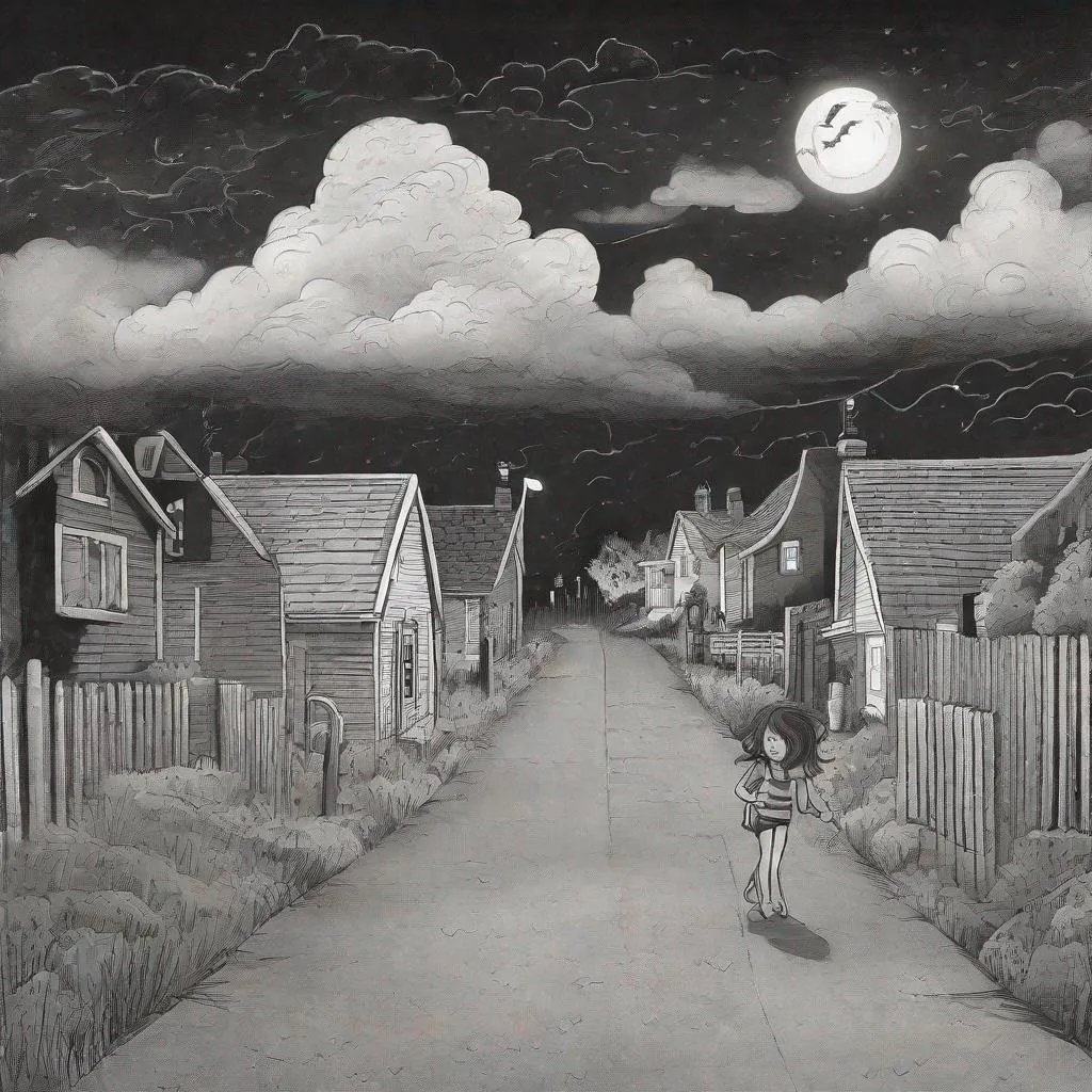 Prompt: ((comic book pages of chalkboard illustrations))
LAUREN & The Wind Monsters
children's book illustrations

a dark, cloudy windy night
suburban neighbourhood