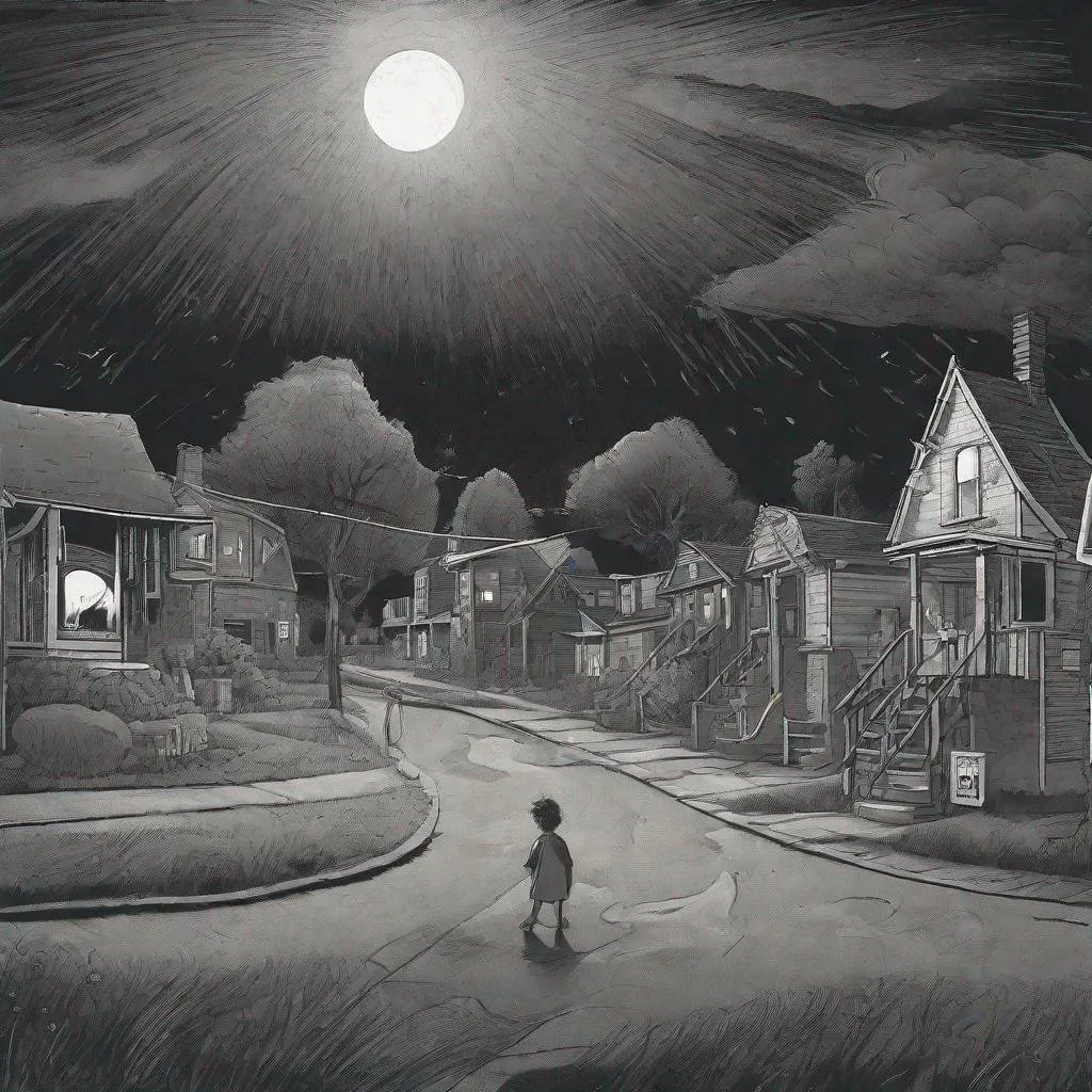 Prompt: ((comic book pages of chalkboard illustrations))
LAUREN & The Wind Monsters
children's book illustrations

a dark, cloudy windy night
suburban neighbourhood