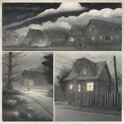 Prompt: ((comic book pages of chalkboard illustrations))
LAUREN & The Wind Monsters
children's book illustrations

a dark, cloudy windy night
suburban neighbourhood