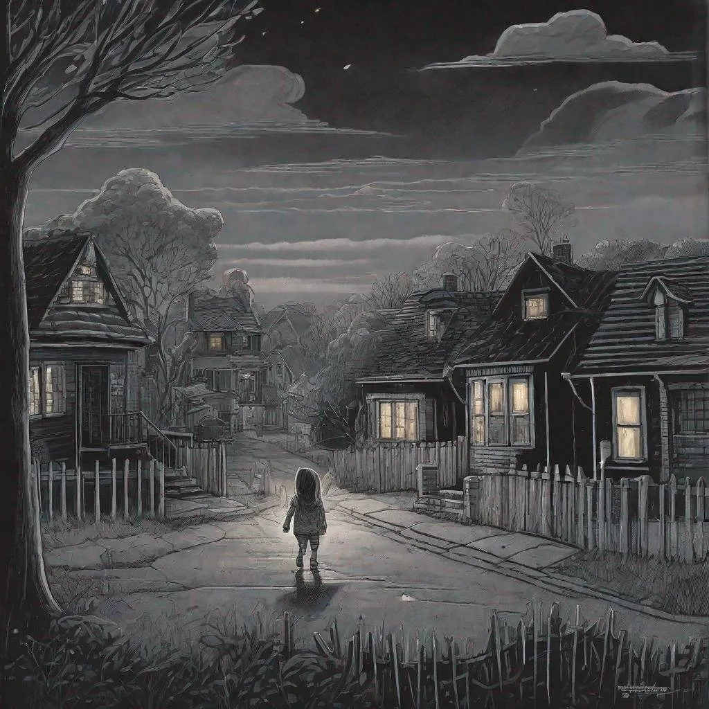 Prompt: ((comic book pages of chalkboard illustrations))
LAUREN & The Wind Monsters
children's book illustrations

a dark, cloudy windy night
suburban neighbourhood