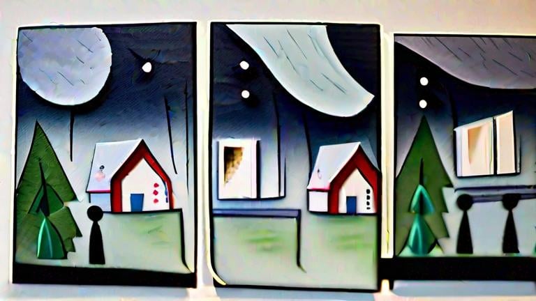 Prompt: LAUREN & The Wind Monsters
watercolor and papercraft
children's book illustrations
horizontal tryptych panels
a dark, cloudy windy night
suburban neighbourhood