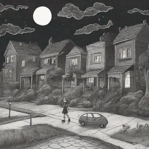 Prompt: ((comic book pages of chalkboard illustrations))
LAUREN & The Wind Monsters
children's book illustrations

a dark, cloudy windy night
suburban neighbourhood
