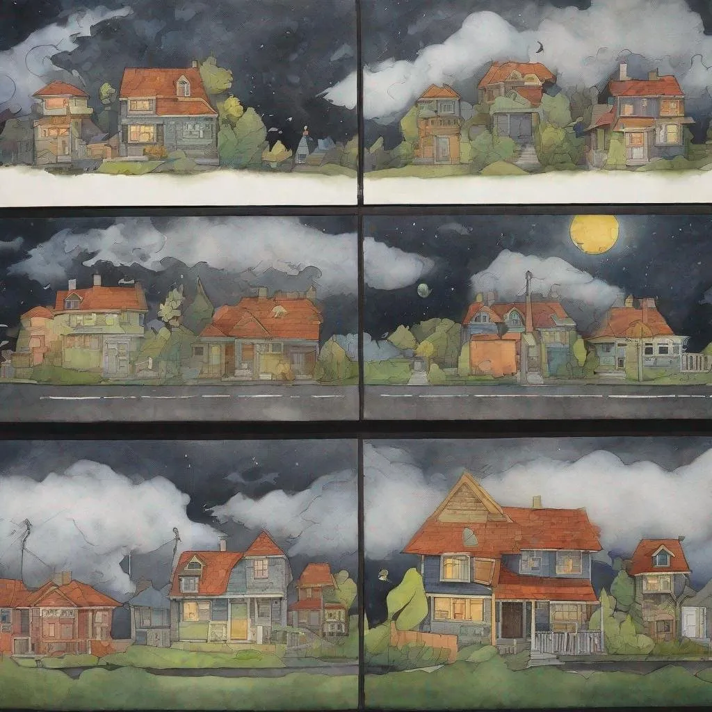 Prompt: ((comic book pages of chalkboard illustrations))
LAUREN & The Wind Monsters
watercolor and papercraft
children's book illustrations
horizontal tryptych panels
a dark, cloudy windy night
suburban neighbourhood