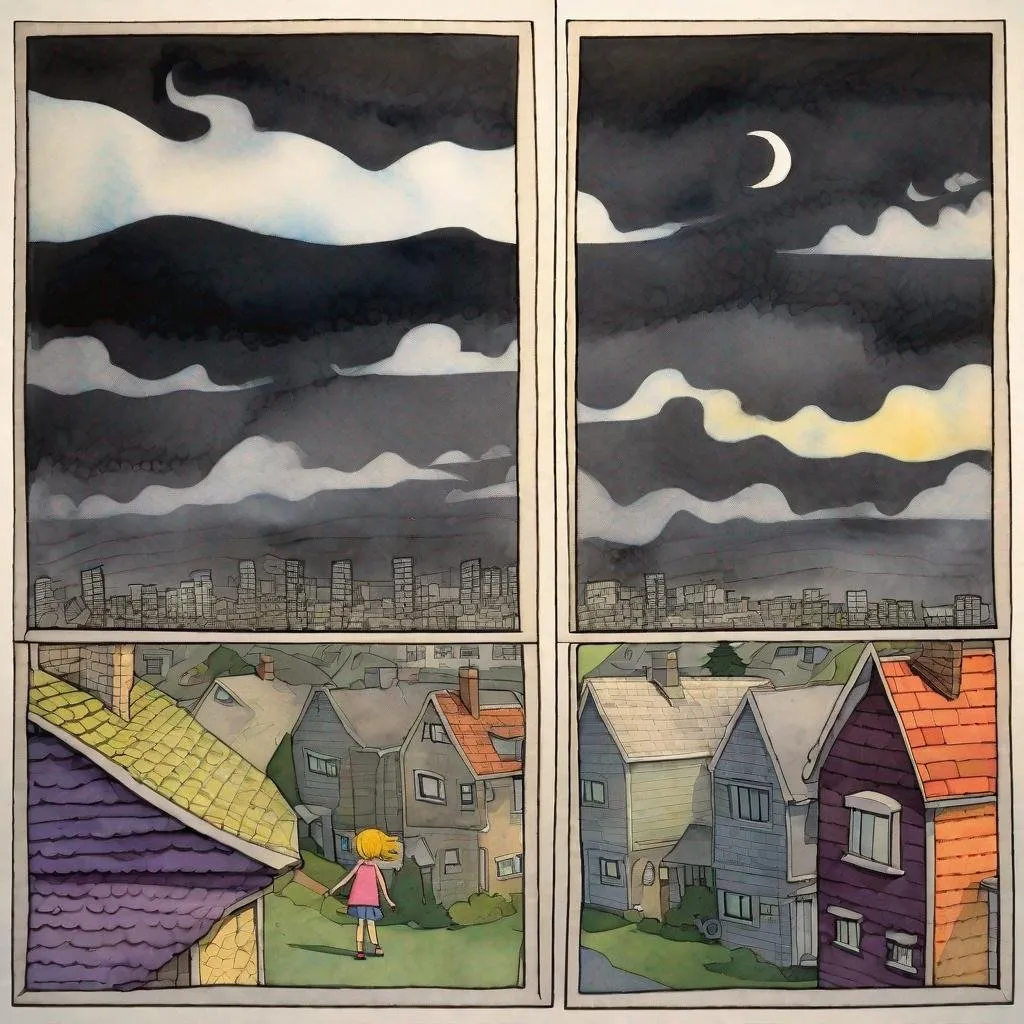 Prompt: ((comic book pages of chalkboard illustrations))
LAUREN & The Wind Monsters
watercolor and papercraft
children's book illustrations
horizontal tryptych panels
a dark, cloudy windy night
suburban neighbourhood