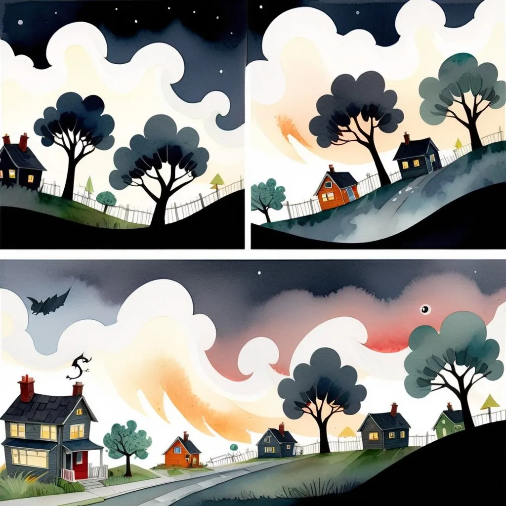 Prompt: LAUREN & The Wind Monsters
watercolor and papercraft
children's book illustrations
horizontal tryptych panels
a dark, cloudy windy night
suburban neighbourhood