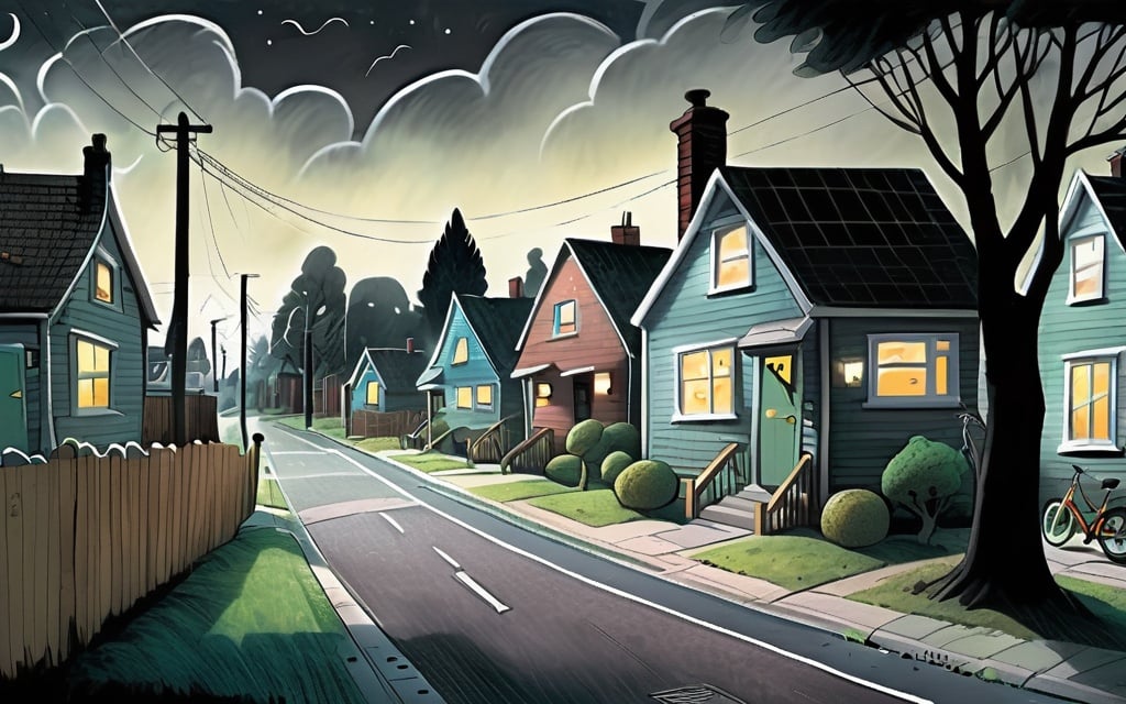 Prompt: ((multi-panel comic book pages of chalkboard illustrations)) LAUREN & The Wind Monsters children's book illustrations a dark, cloudy windy night suburban neighbourhood