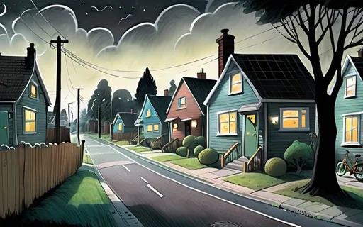 Prompt: ((multi-panel comic book pages of chalkboard illustrations)) LAUREN & The Wind Monsters children's book illustrations a dark, cloudy windy night suburban neighbourhood