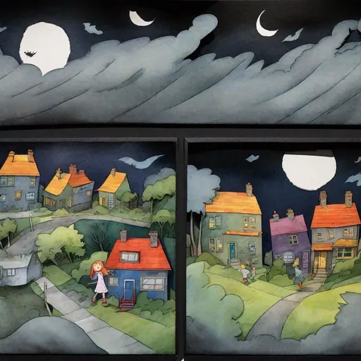 Prompt: ((comic book pages of chalkboard illustrations))
LAUREN & The Wind Monsters
watercolor and papercraft
children's book illustrations
horizontal tryptych panels
a dark, cloudy windy night
suburban neighbourhood