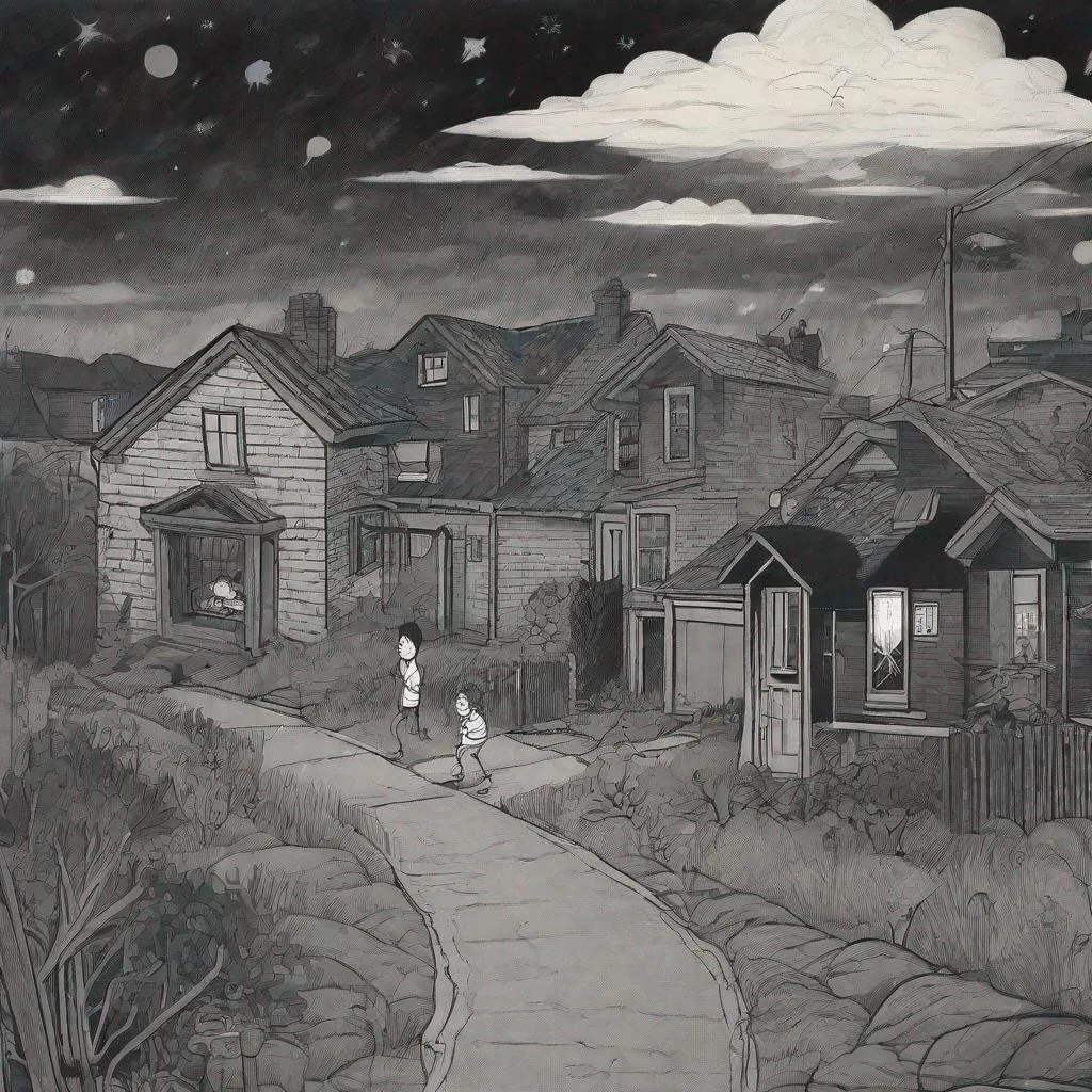 Prompt: ((comic book pages of chalkboard illustrations))
LAUREN & The Wind Monsters
children's book illustrations

a dark, cloudy windy night
suburban neighbourhood