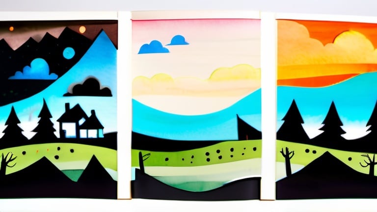 Prompt: LAUREN & The Wind Monsters
watercolor and papercraft
children's book illustrations
horizontal tryptych panels
a dark, cloudy windy night
suburban neighbourhood